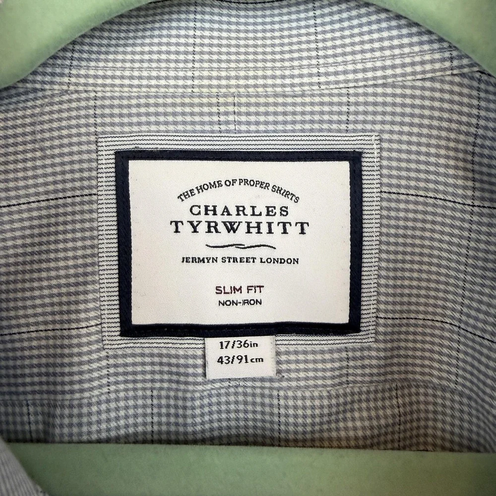 Charles Tyrwhitt Shirt‎ Mens 17/36 Blue Non Iron Slim Fit Gingham Check Dress